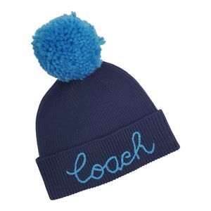 COACH Beanie Hat Cap Adult Blue Embroidered Script Logo Knit Pom Pom Designer